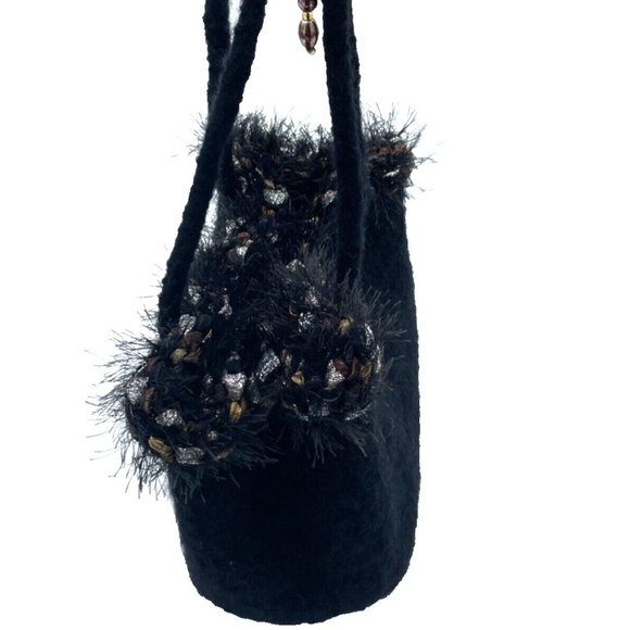 Vintage Convertible Wool Drawstring Purse Black with Metallic Accents and Beads - Picture 5 of 9